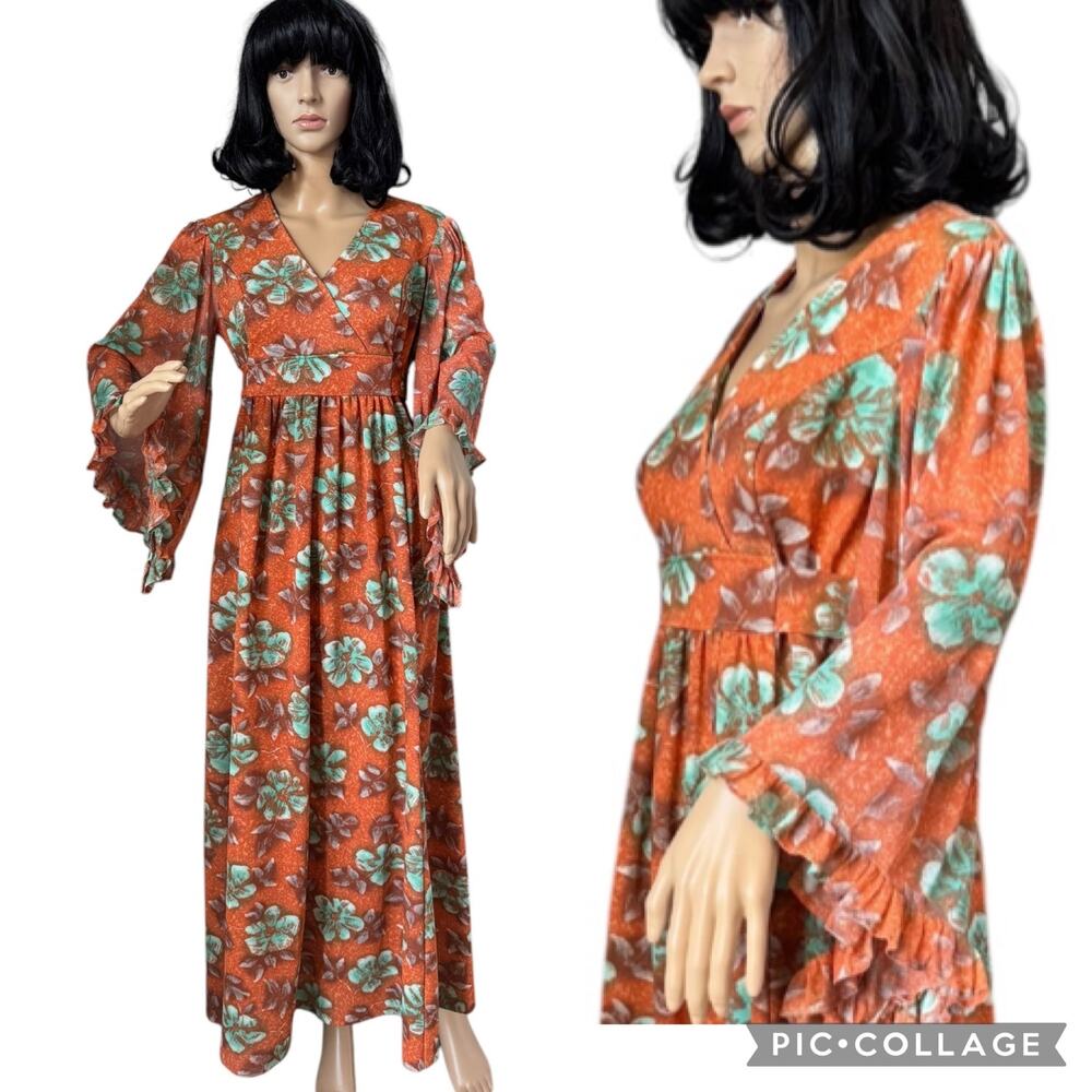 Vintage 1970s Floral Empire Waist Maxi Dress Angel Sleeve Boho M-L